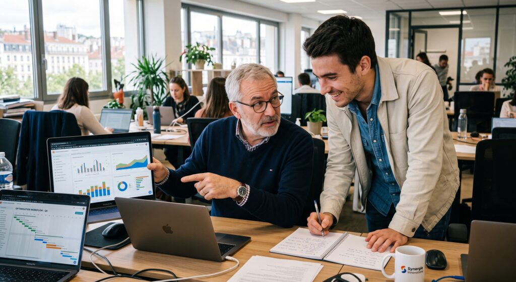 Collaboration intergénérationnelle entre collègues en entreprise